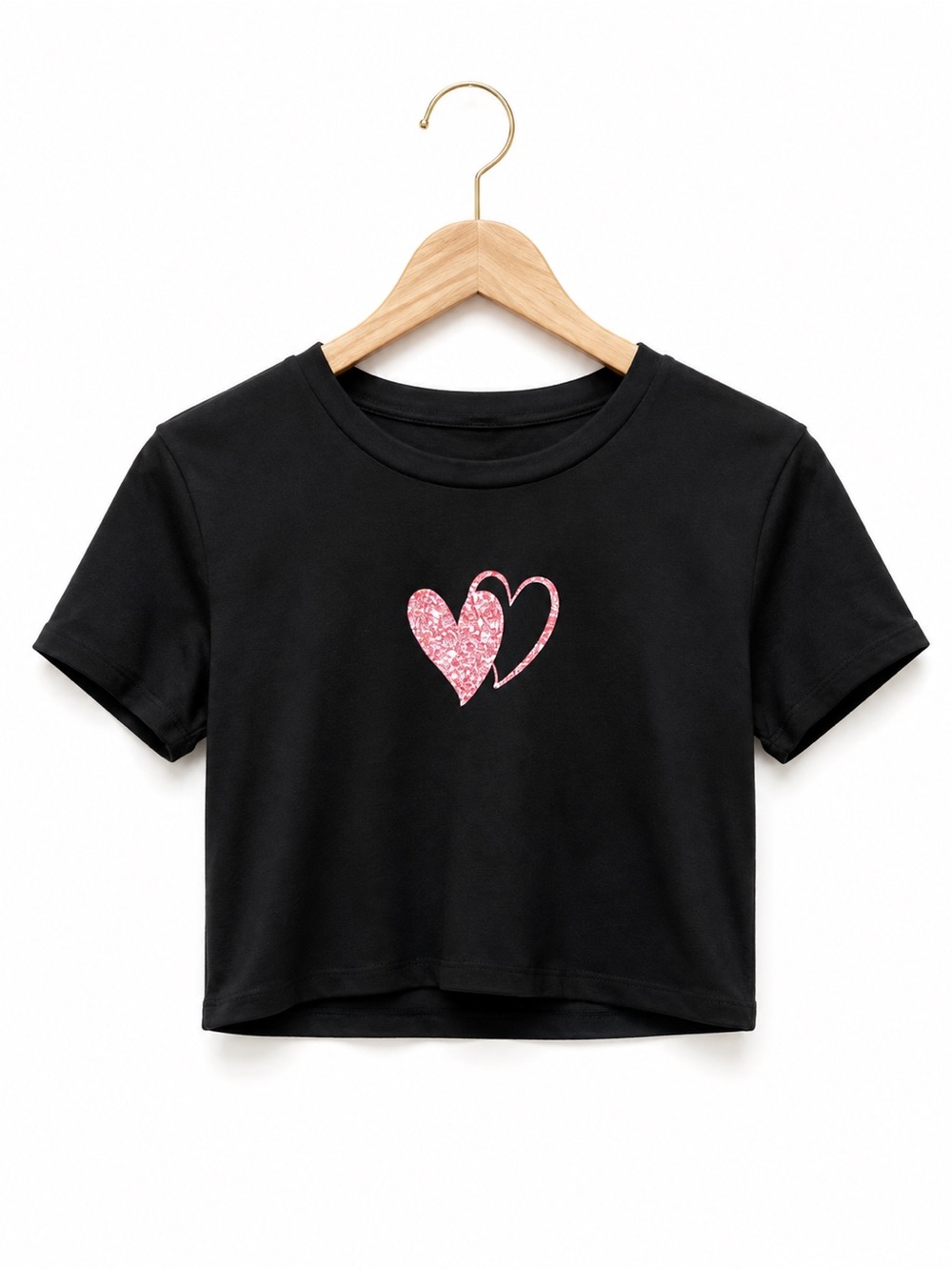 Girls' Black Cropped Tee with Pink Heart Graphic
